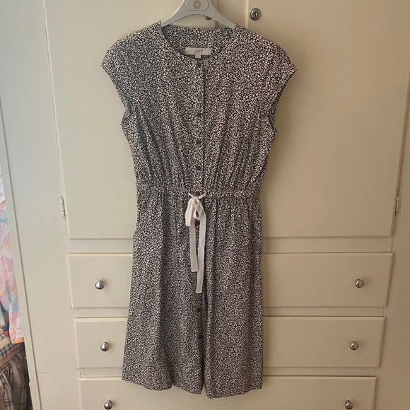 Loft Brown Floral Print Cotton Midi Shirt Dress Drawstring Waist Cargo Pockets - Picture 1 of 4